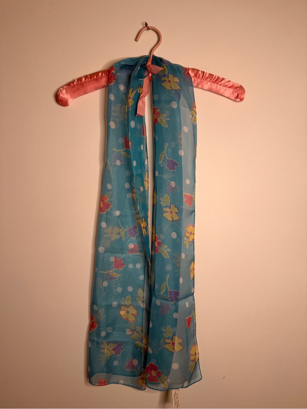 Vintage Glentex Made In Italy Floral Polka Dot Sheer Scarf Blue 58”
